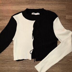 Zara Two-Tone Black & White Ribbed Lace-Up Crop Sweater